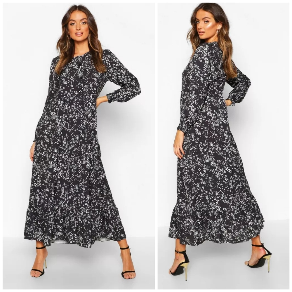 ZARA Ditsy Floral Tiered Maxi Dress Black and White US Small